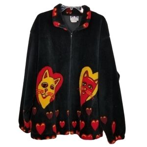 Vintage Polar Magic Fleece Jacket Black Novelty Y2K Canada Cats Hearts Size XL